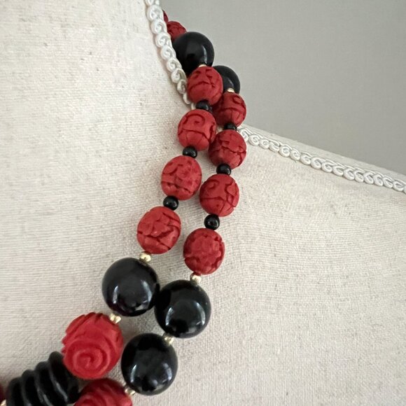 Vintage Chinese Black Red Cinnabar Bead Double Strand Necklace Sterling Clasp - Picture 6 of 8